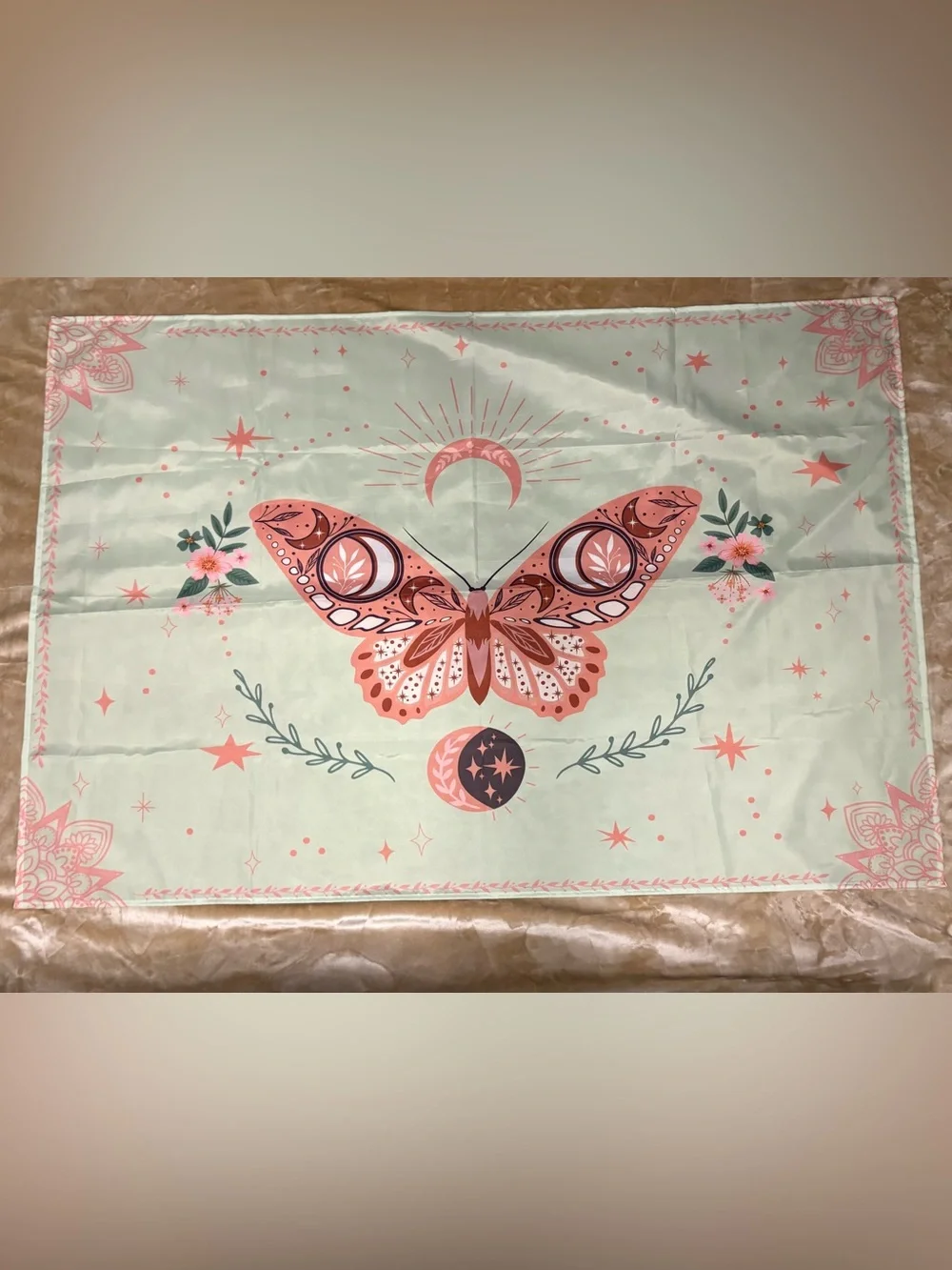 Pink and Green Butterfly Tapestry Mandala Floral Pattern with Moon and Stars
